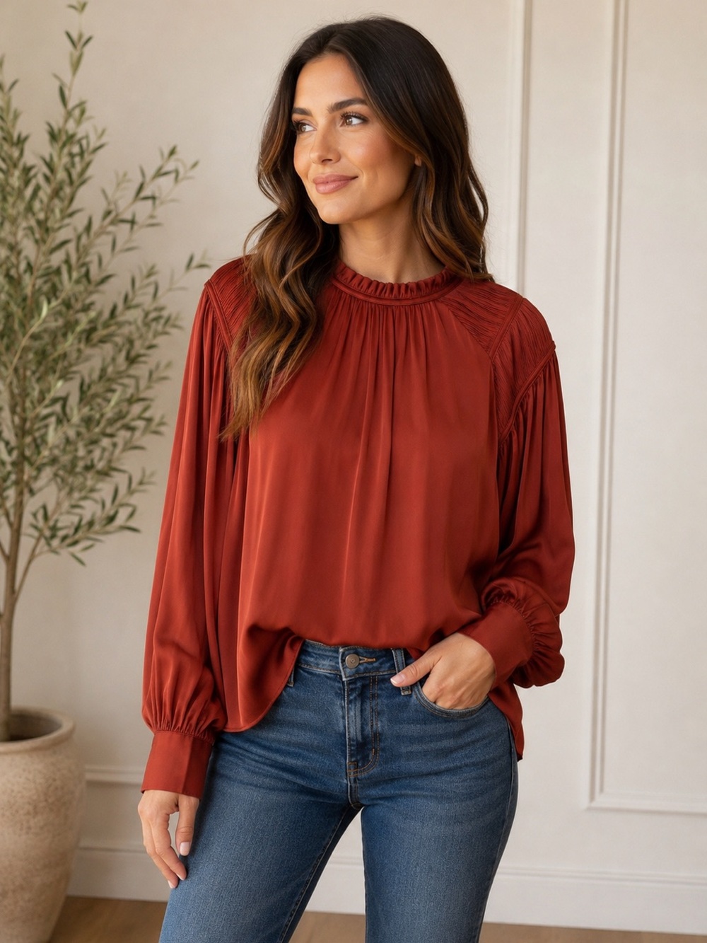 Rachel Roy Rust satin pleated long sleeve blouse woman’s medium chic office boho